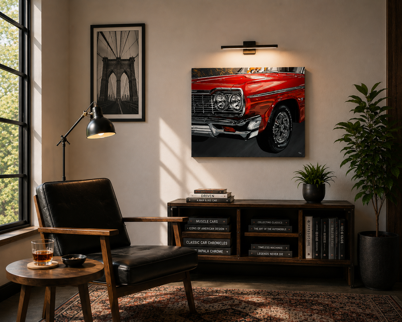 Living room with a red car painting on the wall, black armchair, and bookshelf.