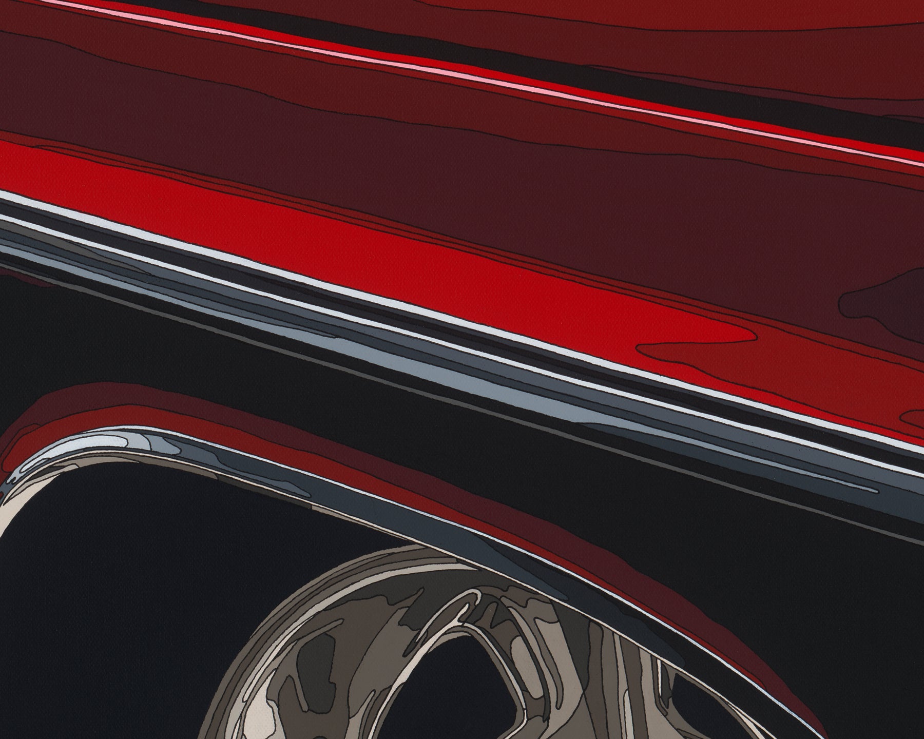 Close-up of a car's headlight and red and black bodywork