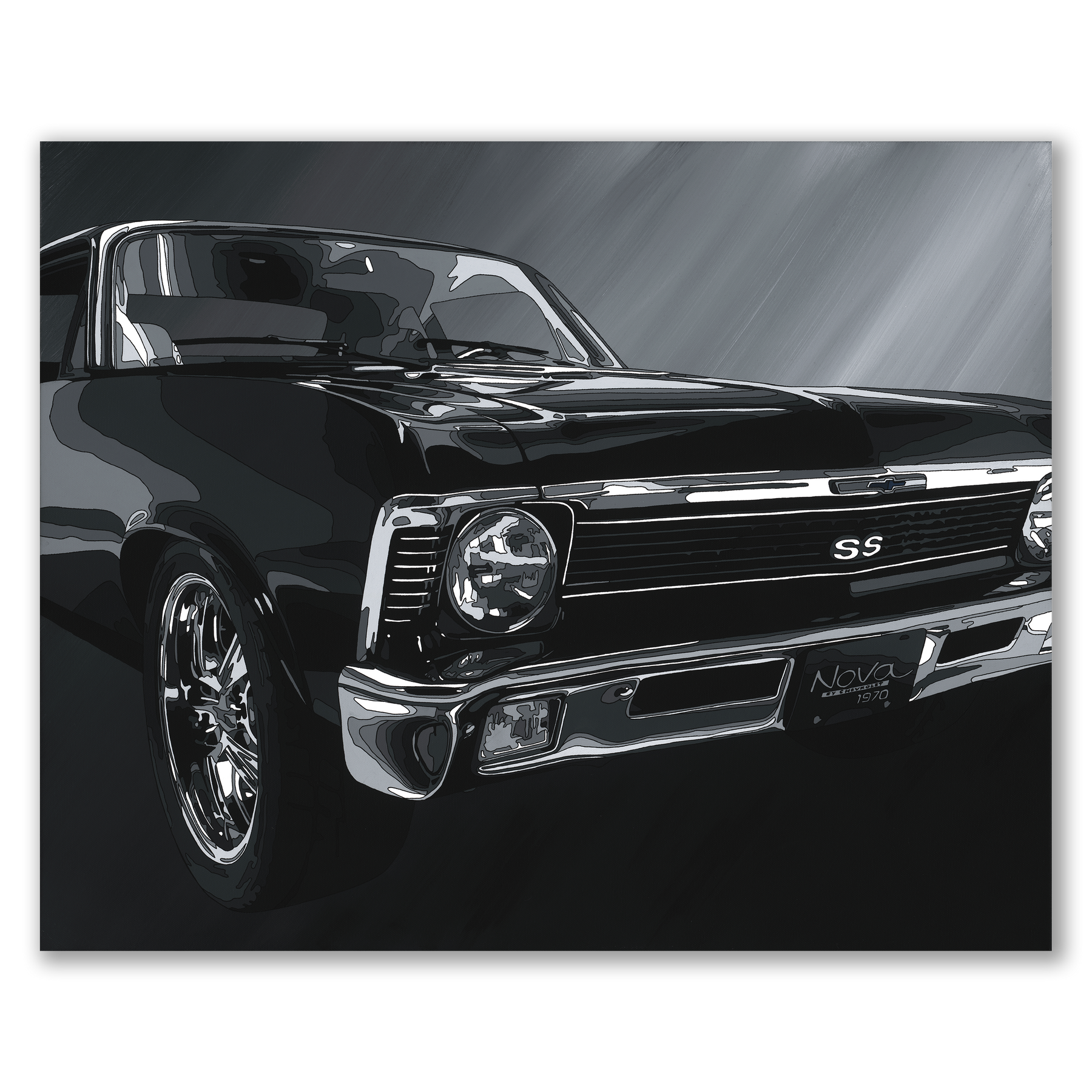 Black classic car with 'SS' and 'Nova' branding on a dark background