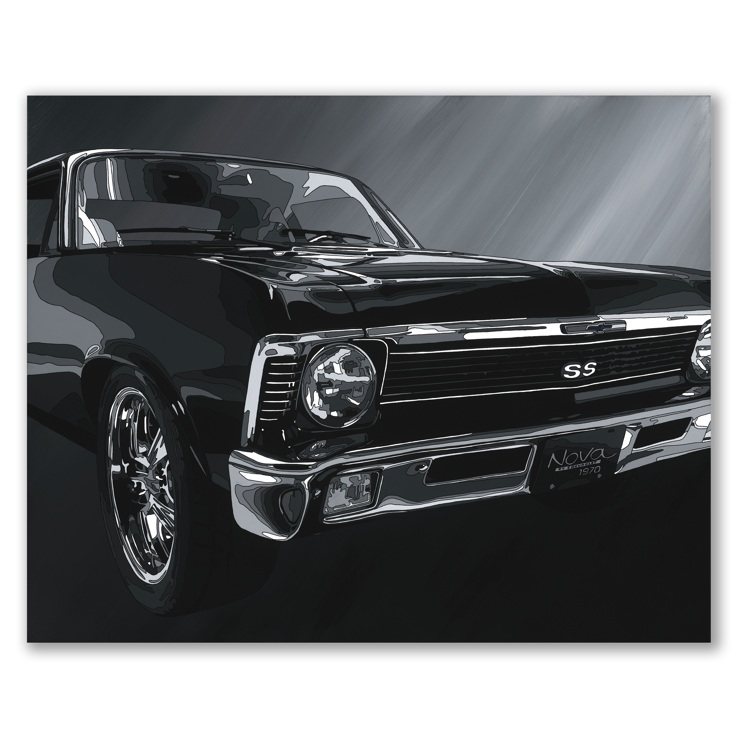 Black classic car with 'SS' and 'Nova' branding on a dark background