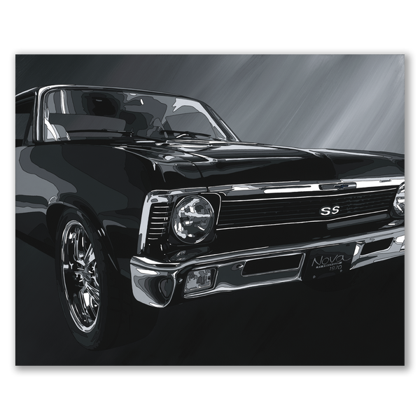 Black classic car with 'SS' and 'Nova' branding on a dark background