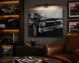 Canvas print of a classic car in a room with automotive decor