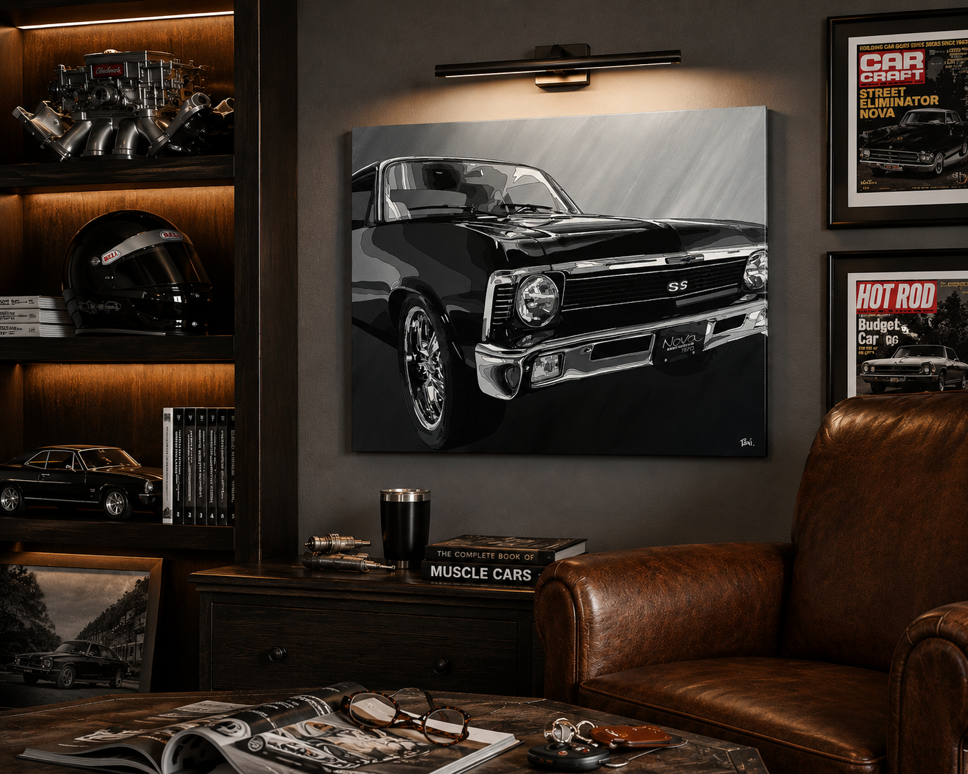 Canvas print of a classic car in a room with automotive decor