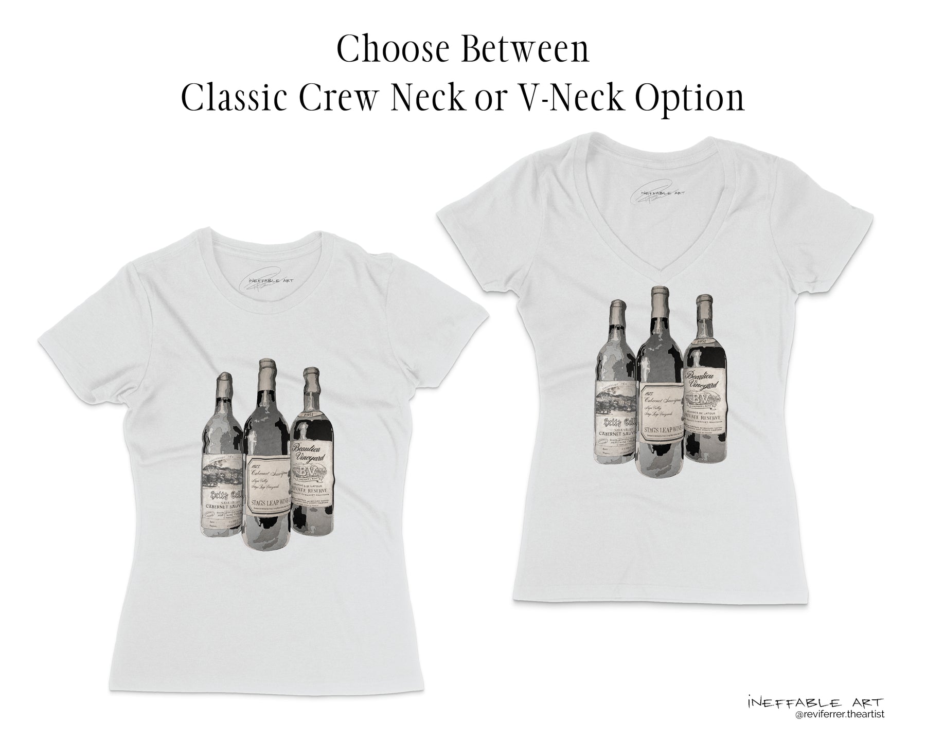 American Wine v-neck and crew neck white t-shirts display 