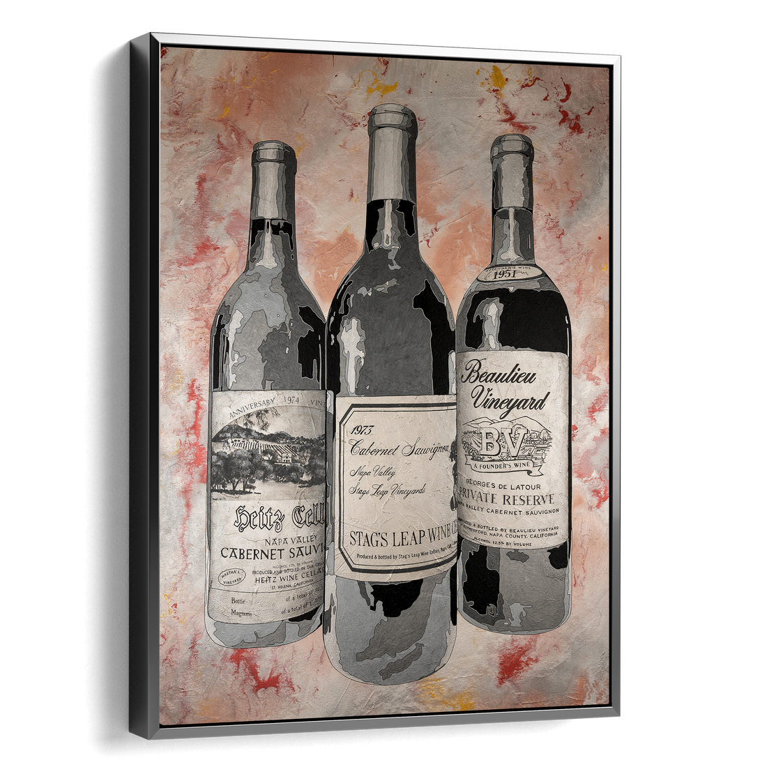 Framed artwork of three wine bottles with labels on a textured background