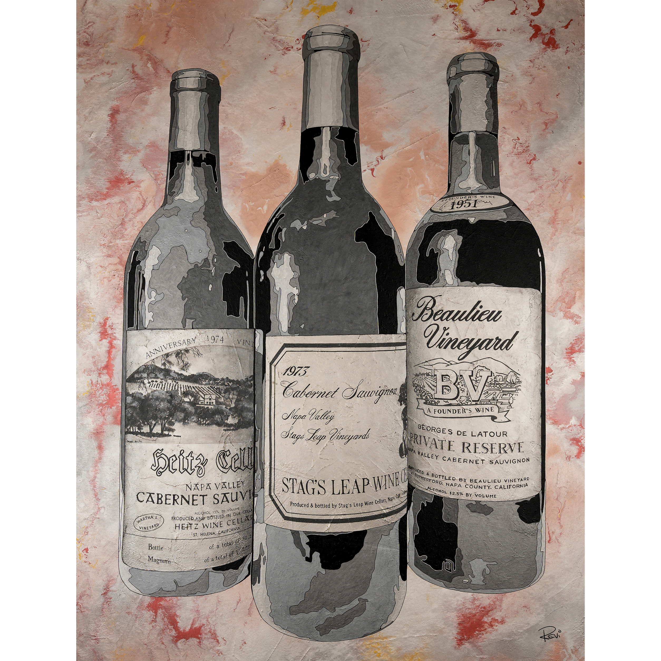 Three wine bottles with labels on a textured background