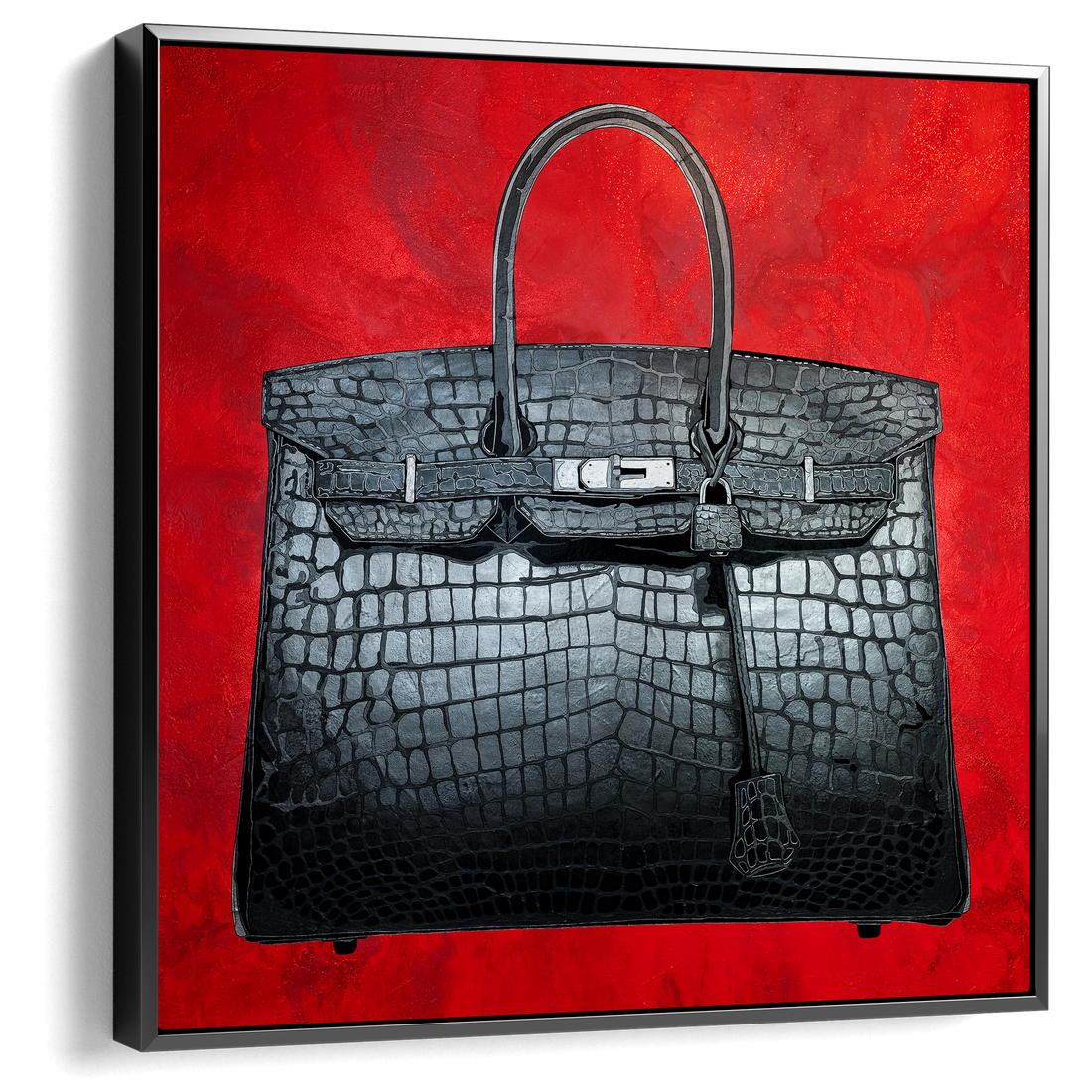 Black crocodile skin handbag on a red background