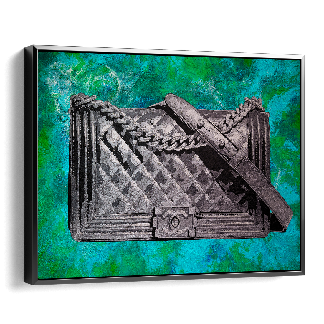 Framed artwork of a quilted handbag design on a textured green background