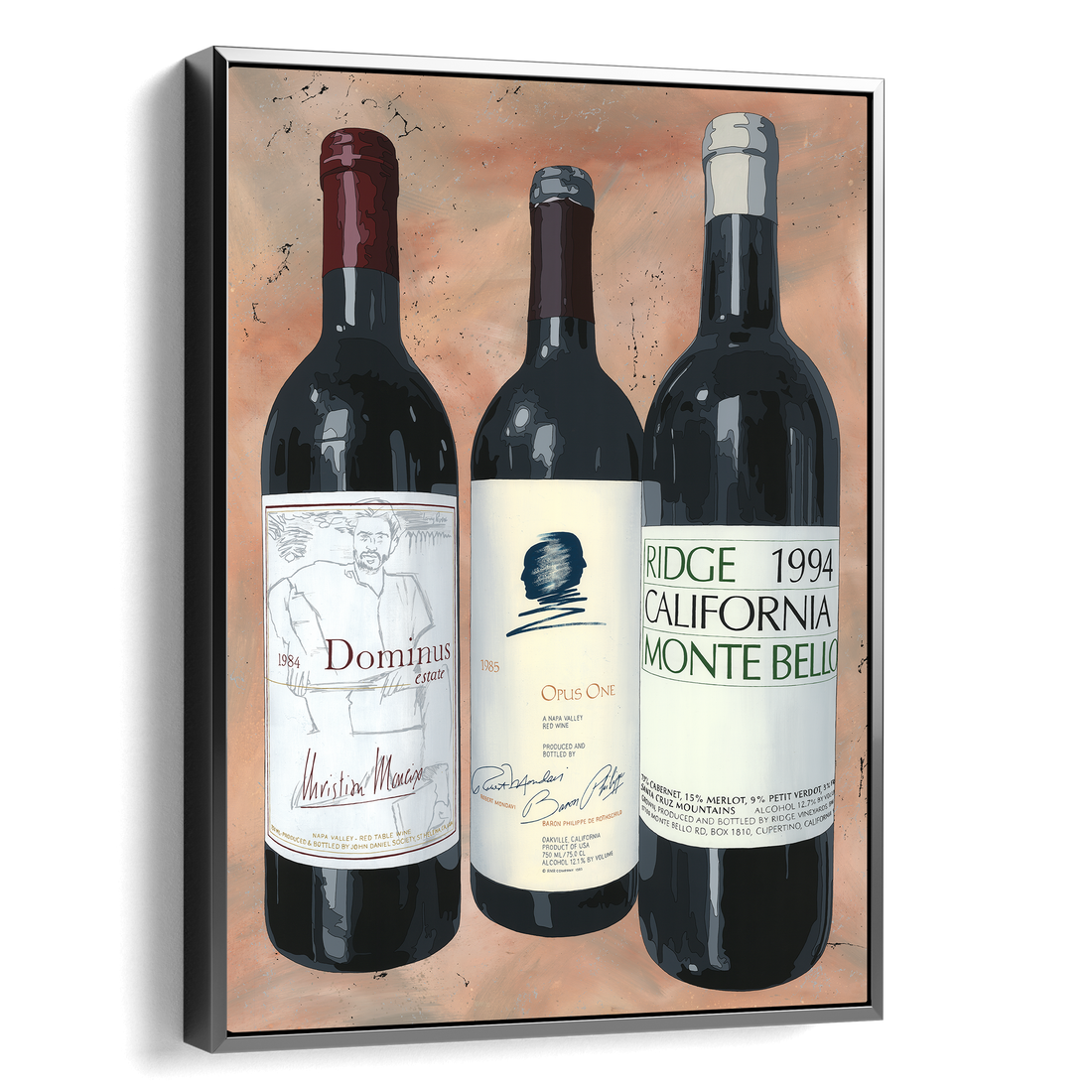Three wine bottles with labels displayed against a textured background