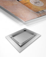 Metal HD art print front and back on a white background