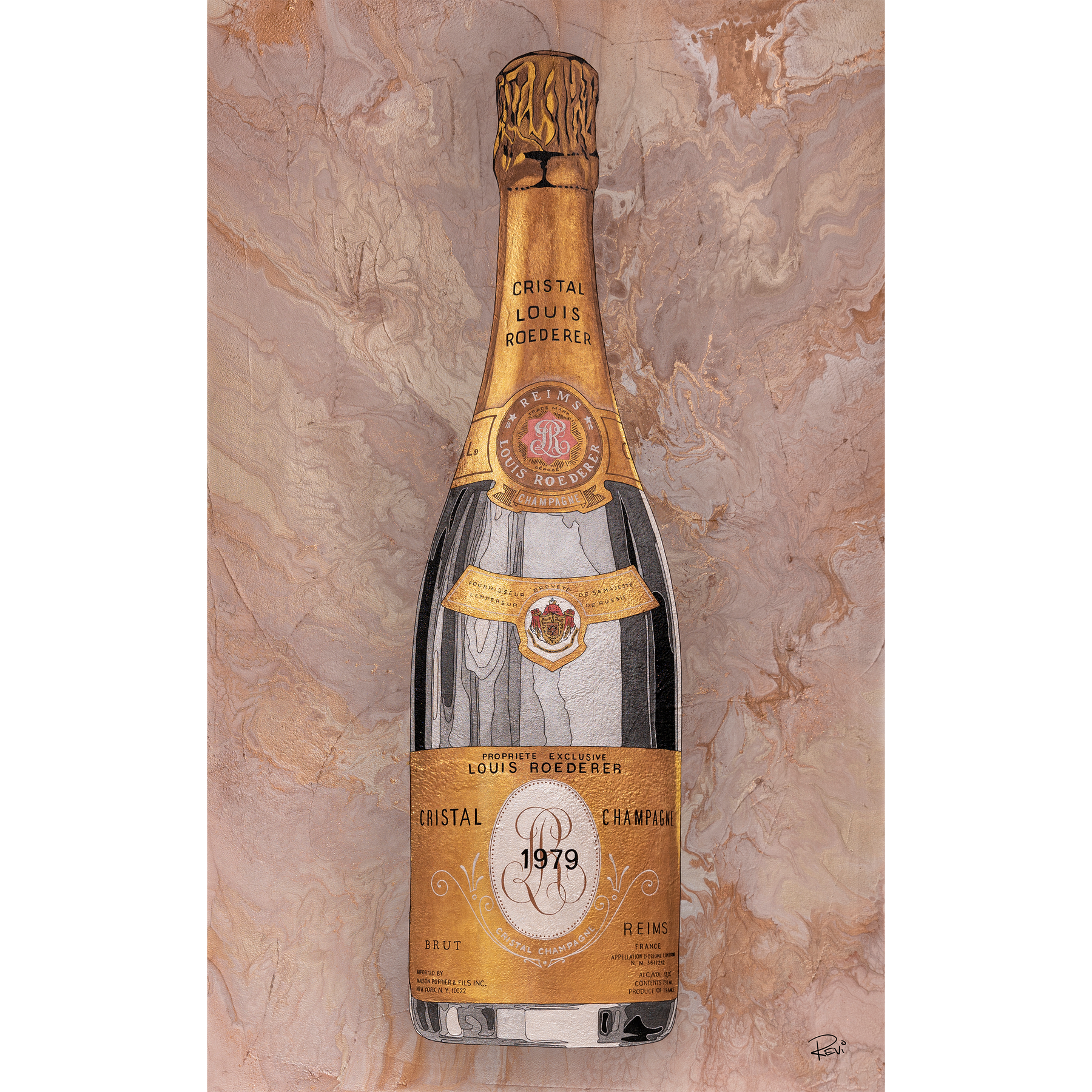 Illustration of a Cristal Louis Roederer champagne bottle on a marble background