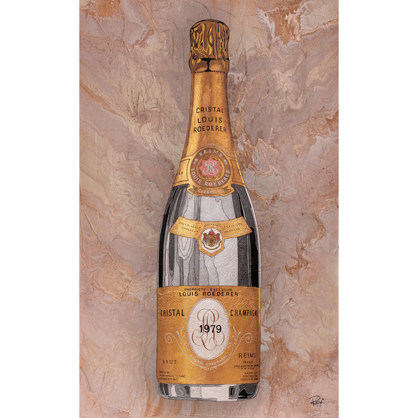 Illustration of a Cristal Louis Roederer champagne bottle on a marble background