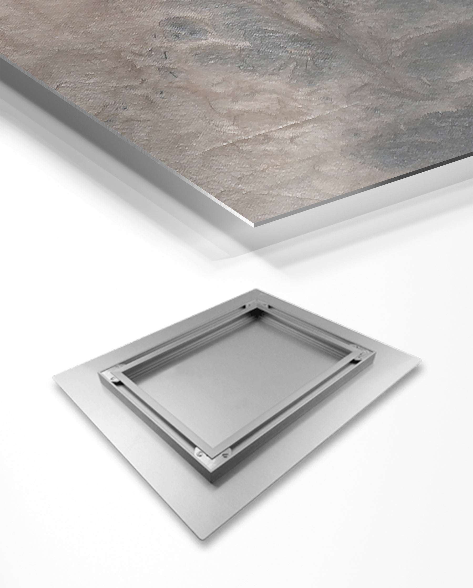 Metal HD art print front and back on a white background