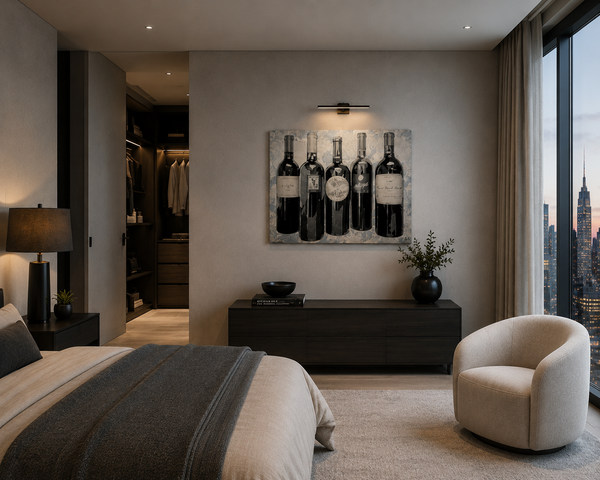Modern bedroom with a bed, armchair, and wall art of wine bottles.