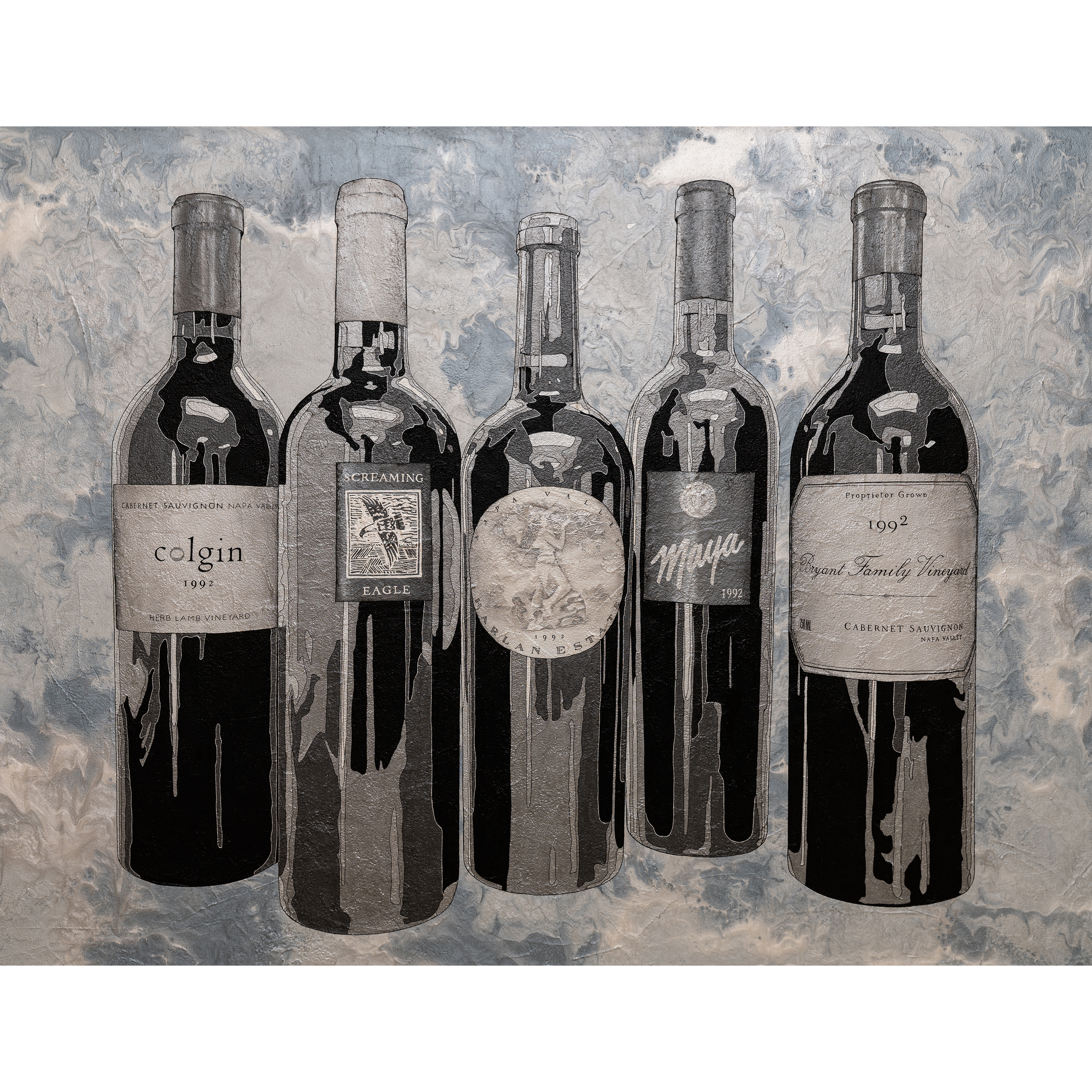 Five wine bottles with labels on a textured gray background