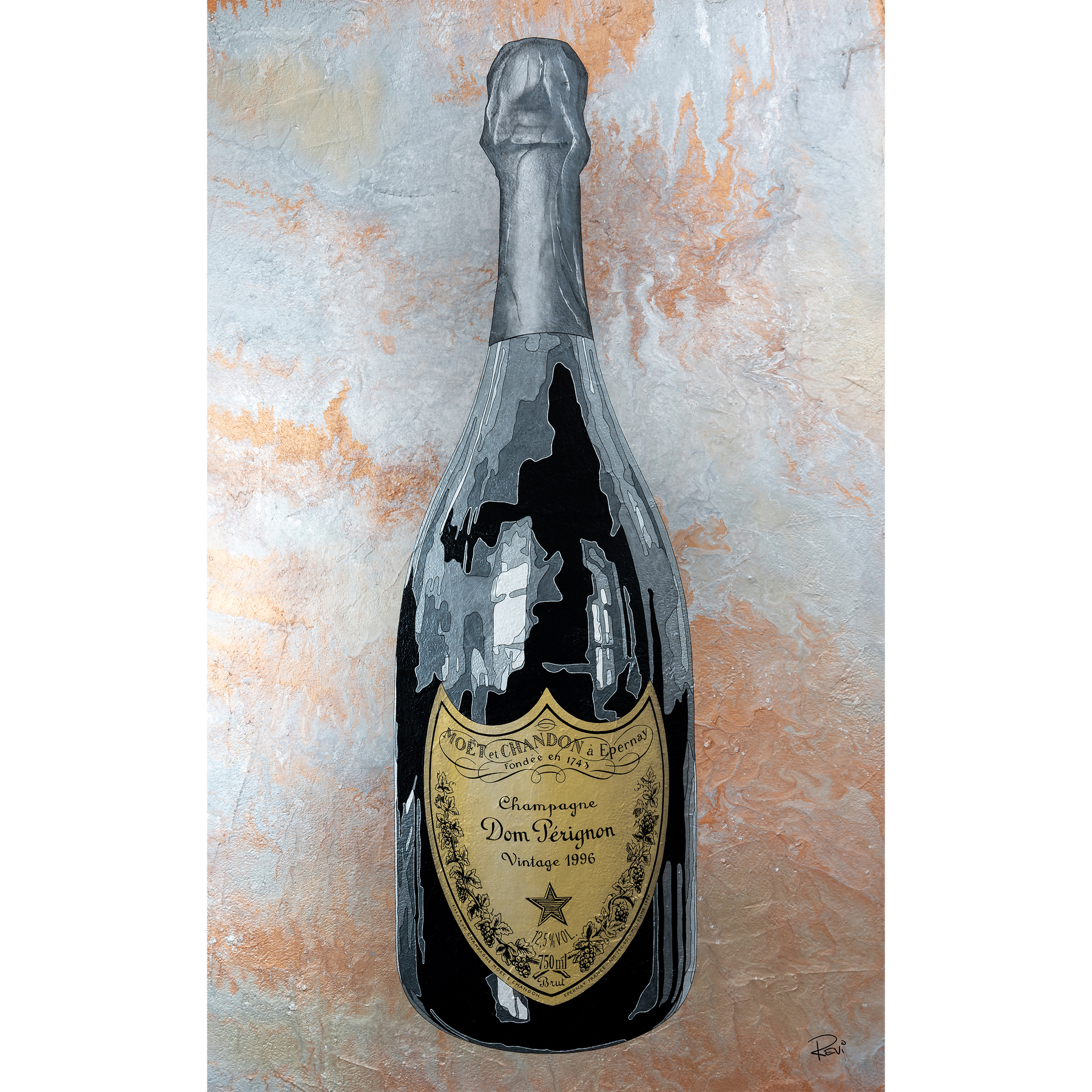 Bottle of Dom Perignon champagne on a textured background