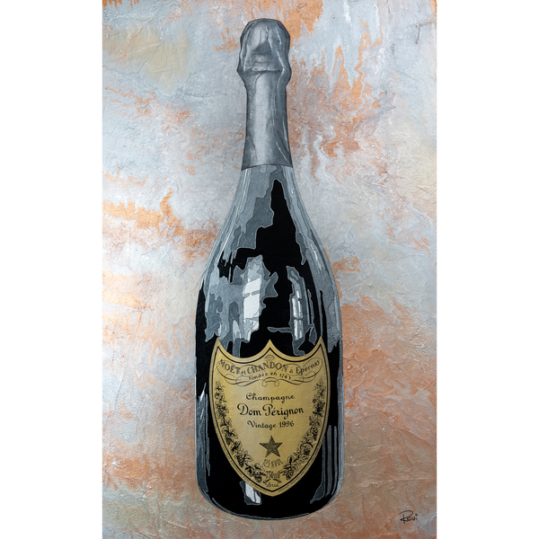 Bottle of Dom Perignon champagne on a textured background