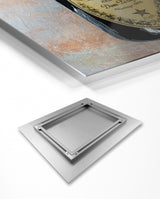 Metal HD art print front and back on a white background