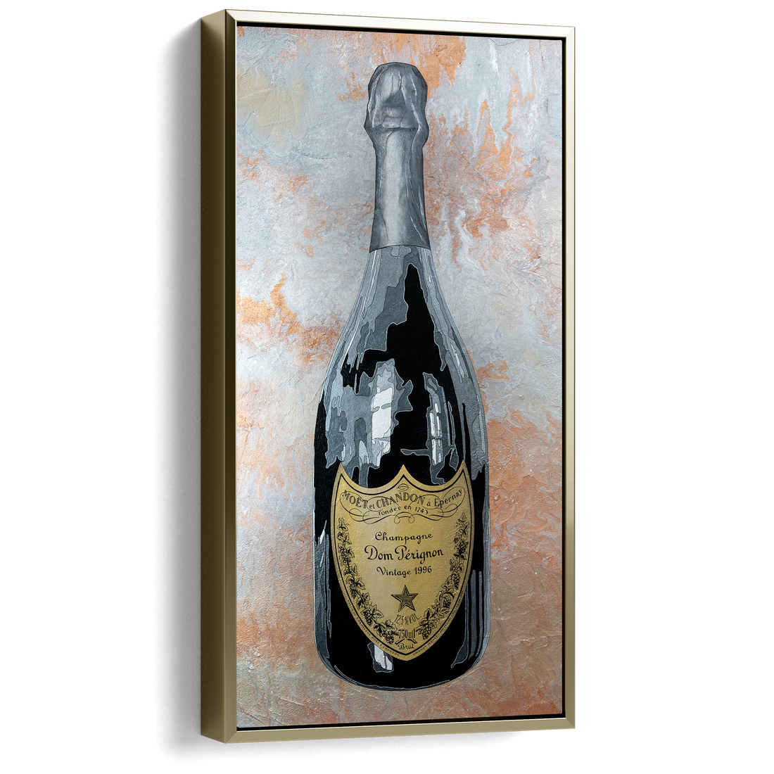 Framed artwork of a champagne bottle with a label on a textured background