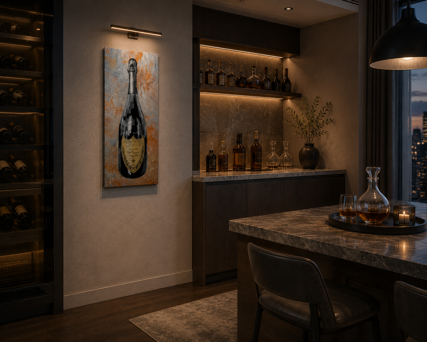 Modern bar area with wine bottles, a painting of a champagne bottle, and a cityscape view.