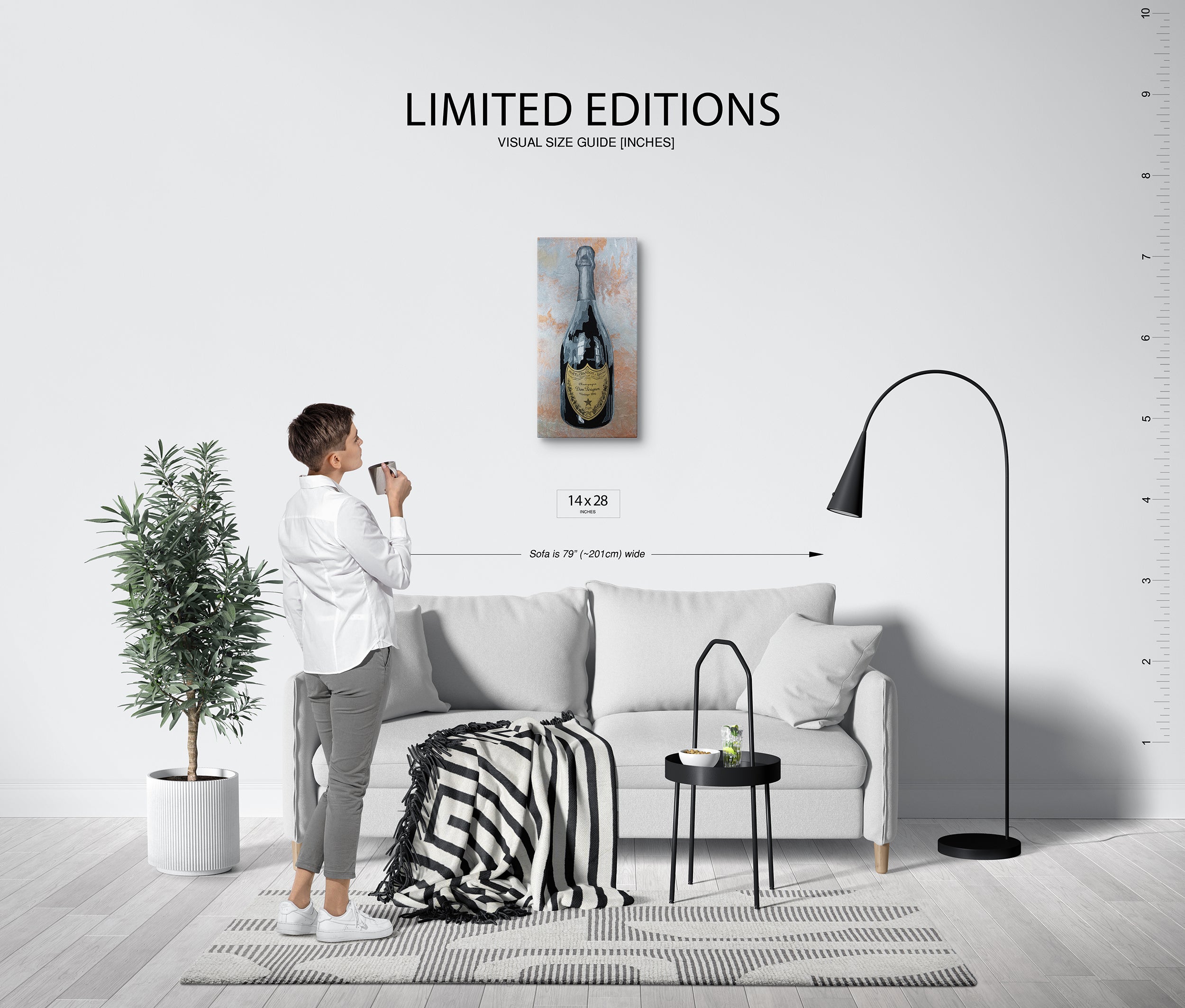 Living room with a person holding a coffee cup, a sofa, a plant, and a lamp, with 'Limited Editions' text at the top.