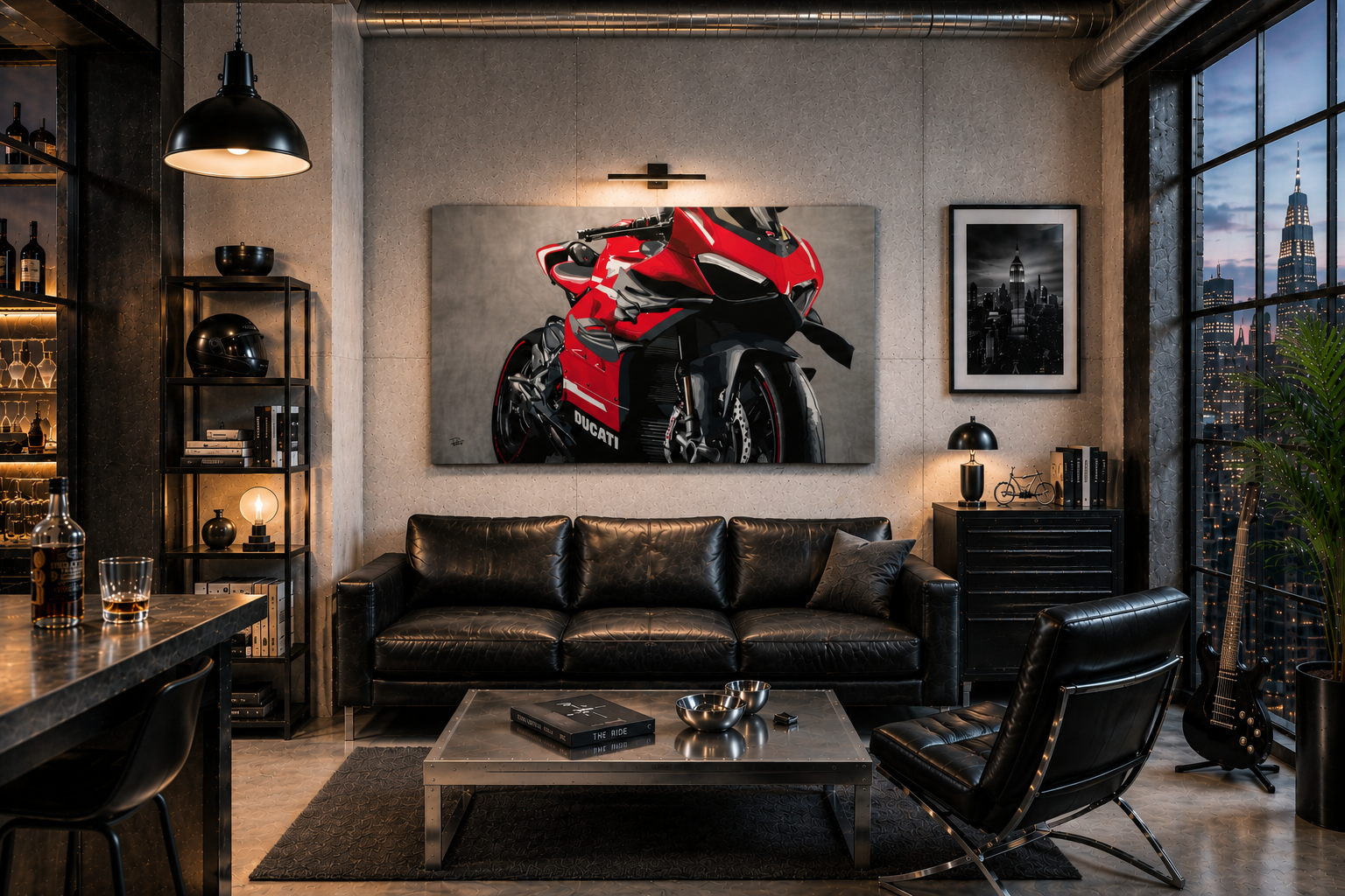 Modern living room with a red motorcycle painting on the wall