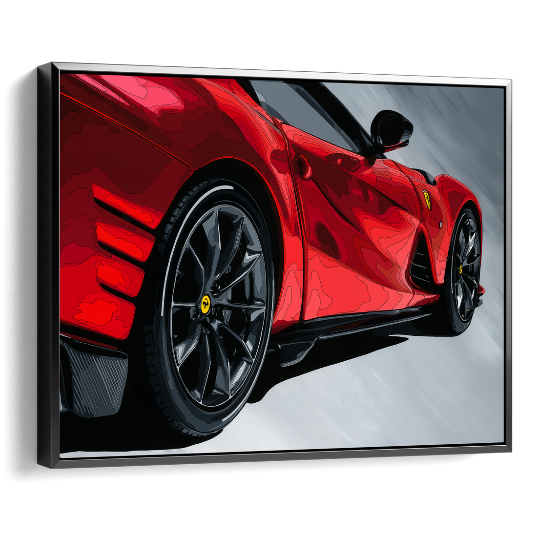 Framed artwork of a red sports car with a black frame