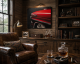 Luxury living room with leather armchair, wooden shelves, and a red car painting.