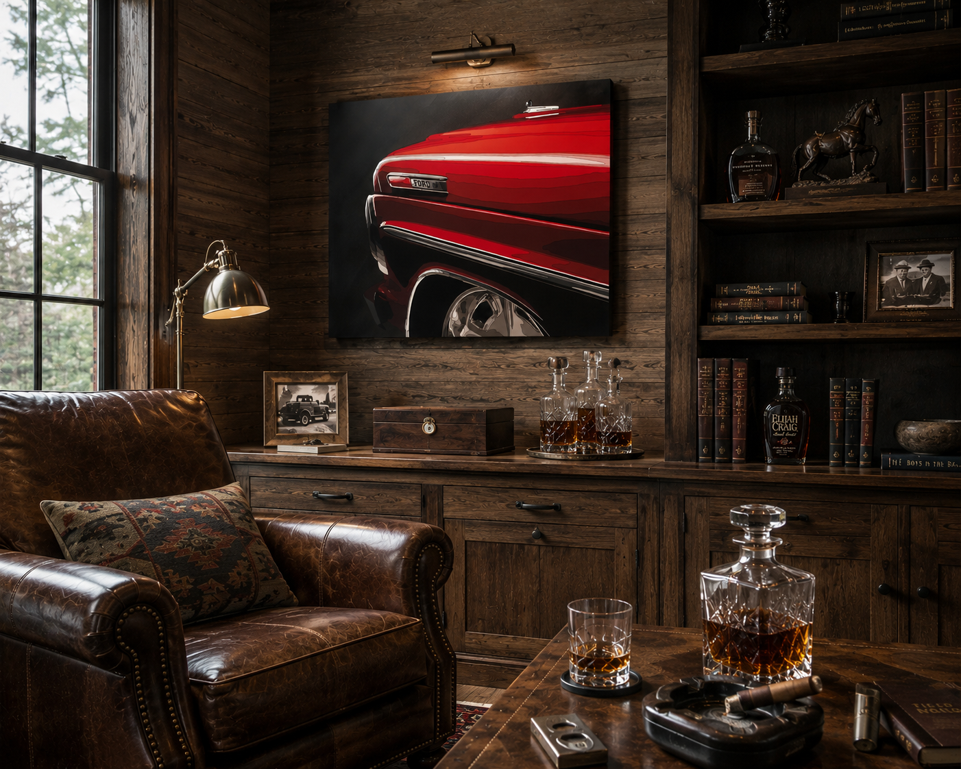 Luxury living room with leather armchair, wooden shelves, and a red car painting.
