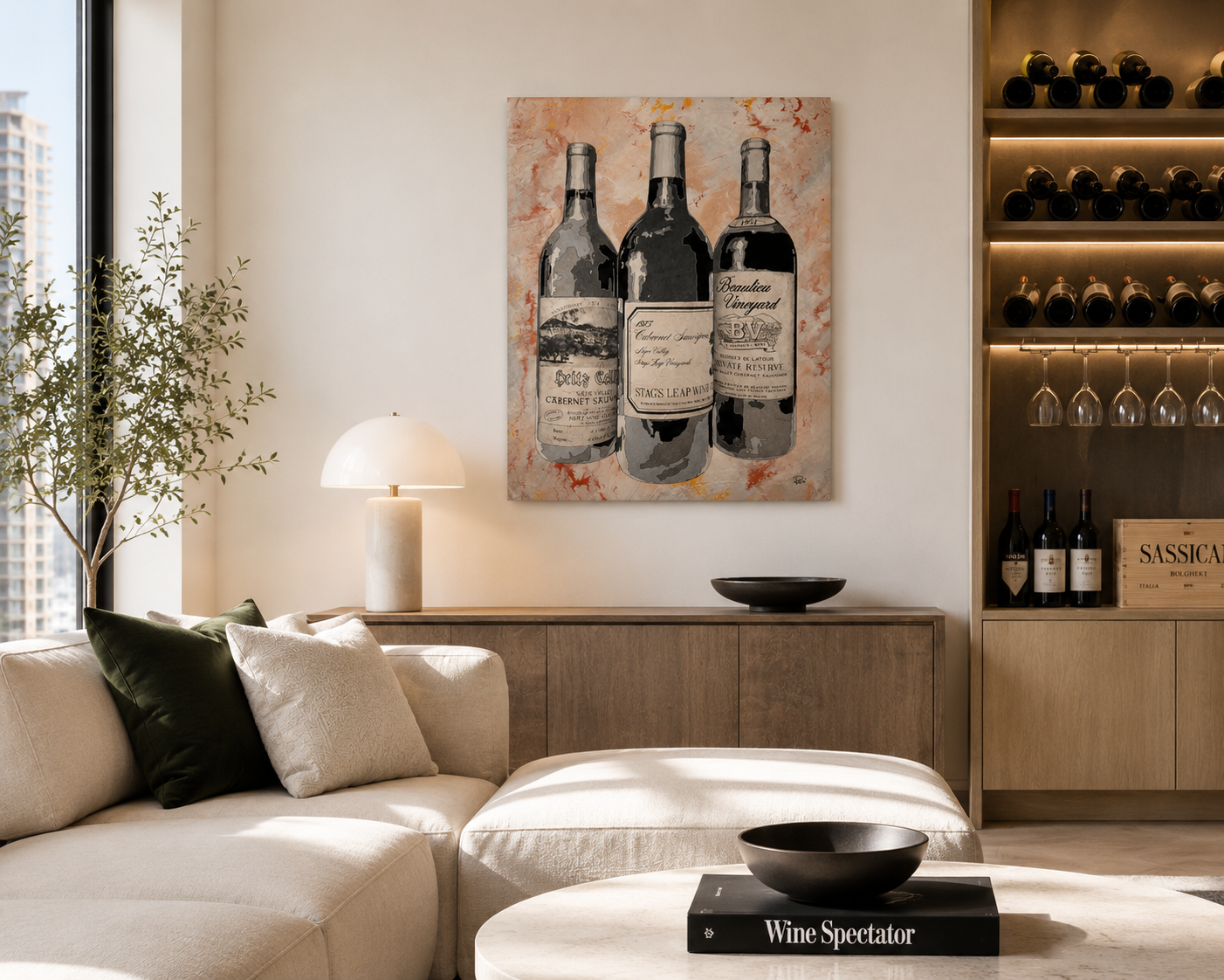 Modern living room with wine-themed decor, including a painting of wine bottles and shelves with wine glasses and bottles.