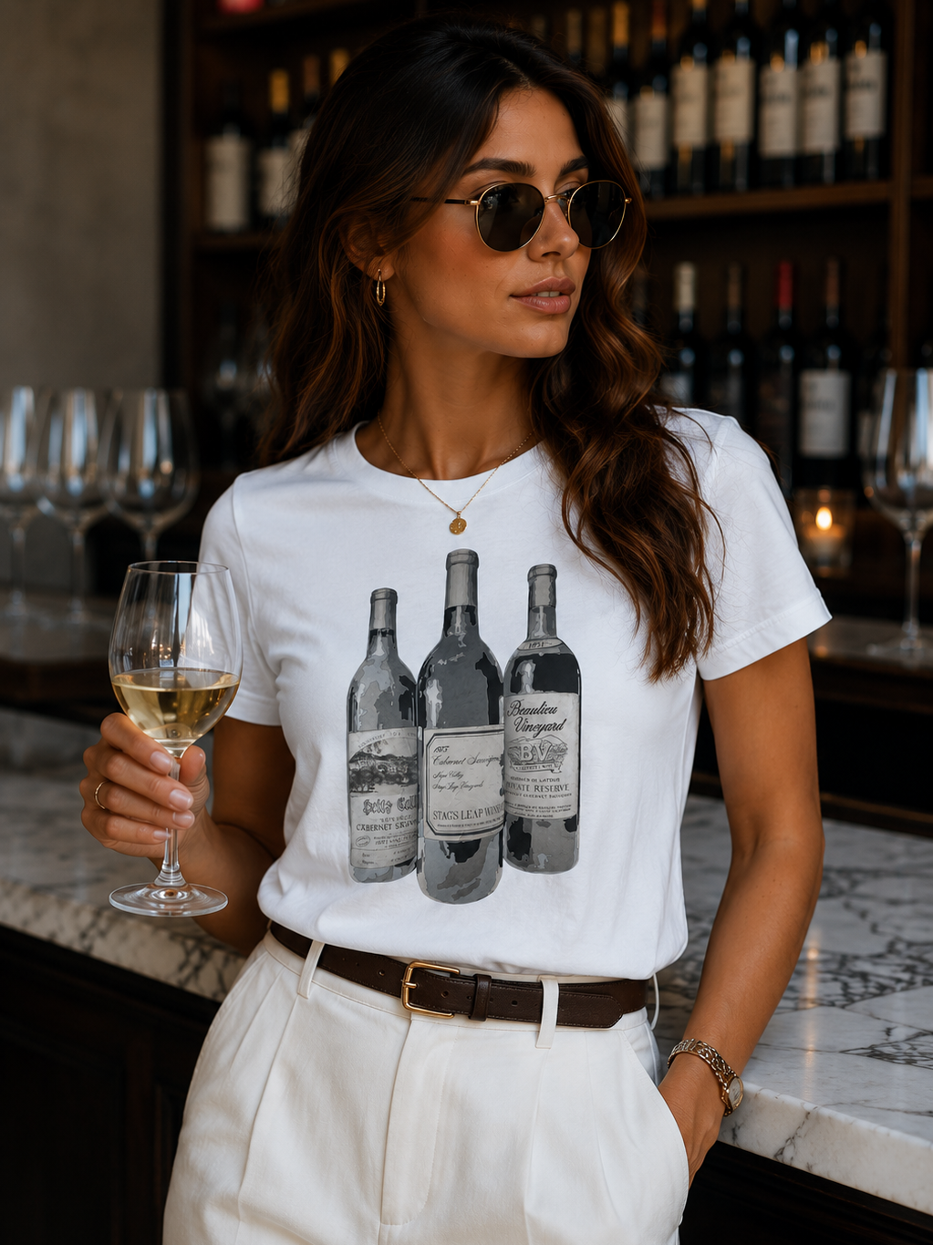 woman in white American wine art  t-shirt with wine glass in the hand at the bar
