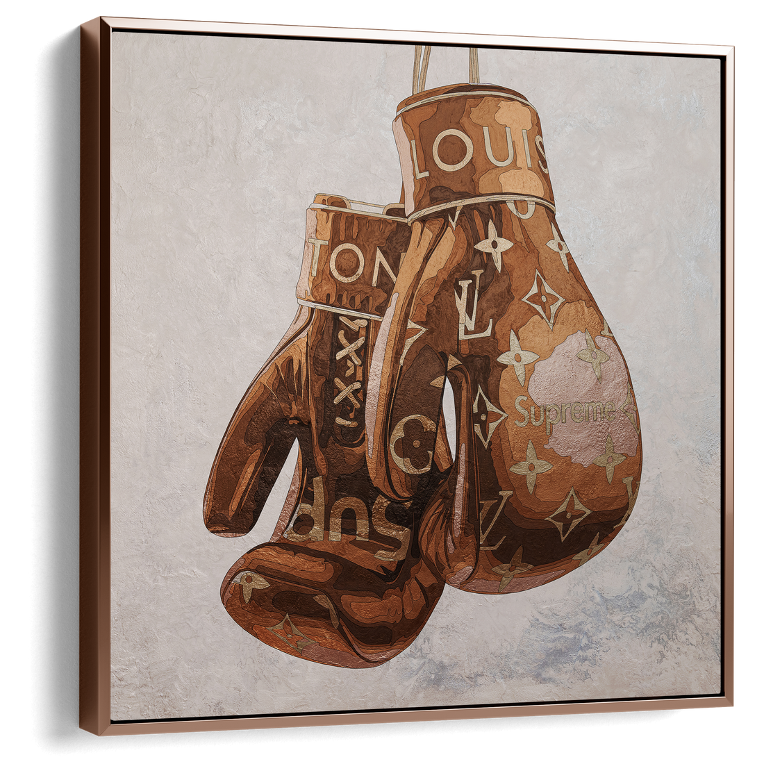 Decorative wall art of Louis Vuitton boxing gloves with a textured background