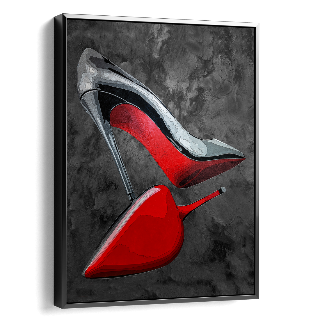 Framed artwork of red high-heeled shoes on a dark background