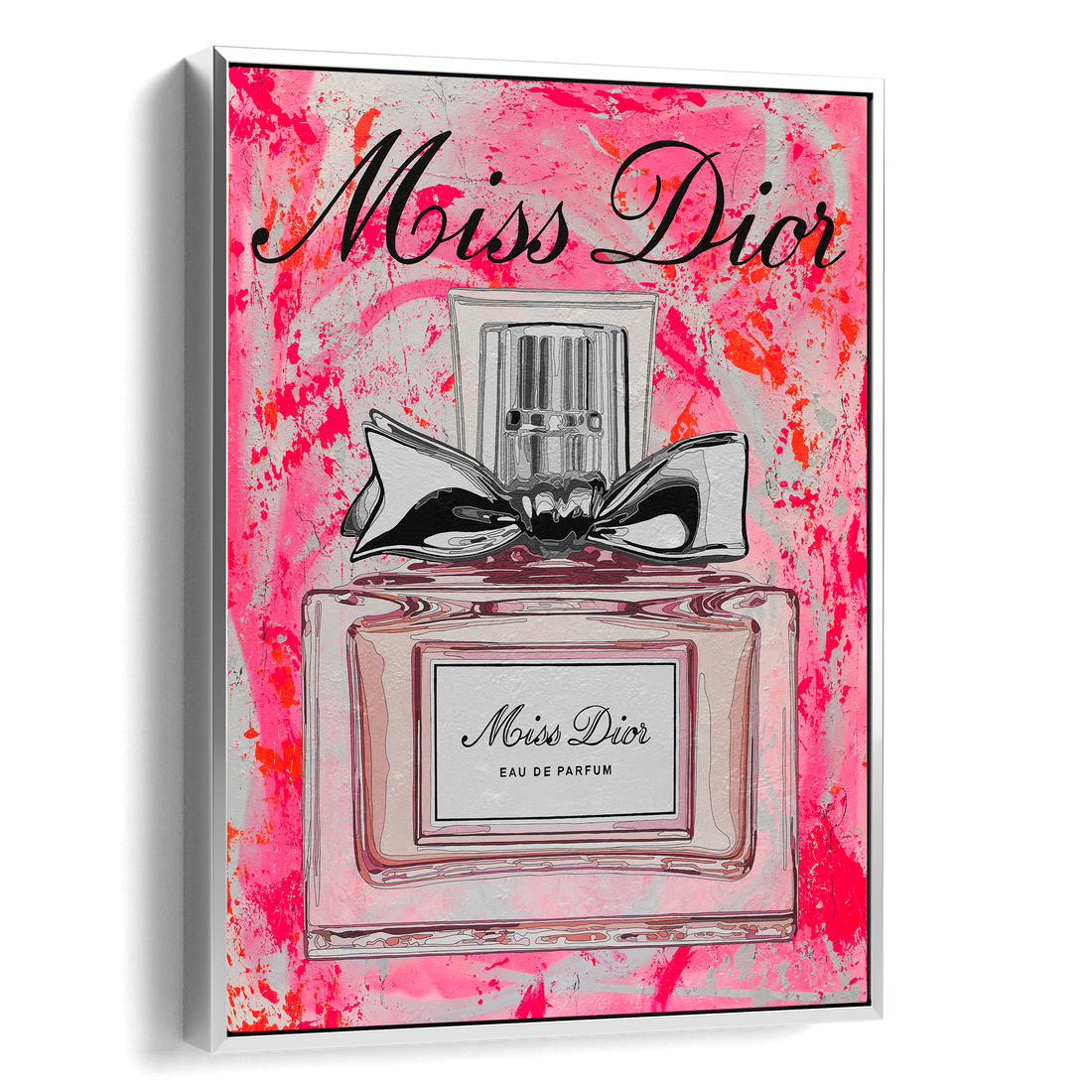 Miss Dior perfume bottle with a bow on a pink and white abstract background
