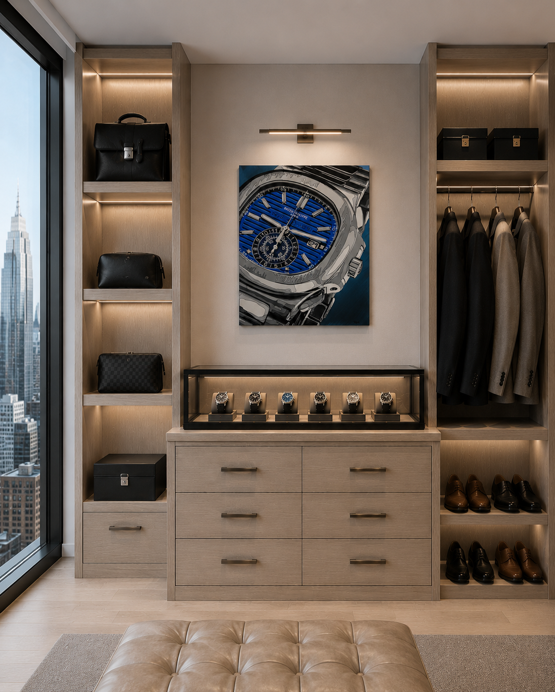 Modern walk-in closet with shelves, drawers, and a watch display against a cityscape.