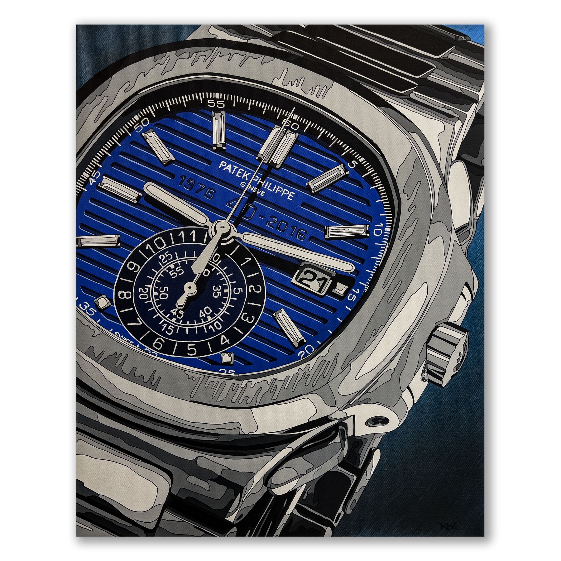 Luxury watch with a blue face and silver case on metallic background