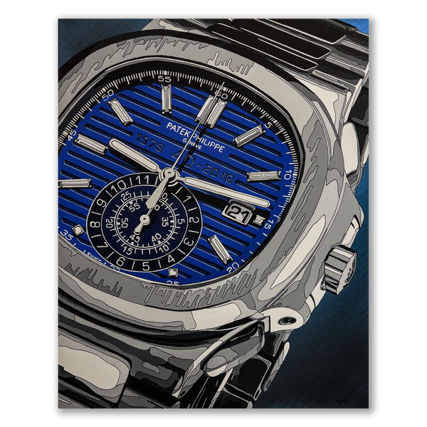 Luxury watch with a blue face and silver case on metallic background