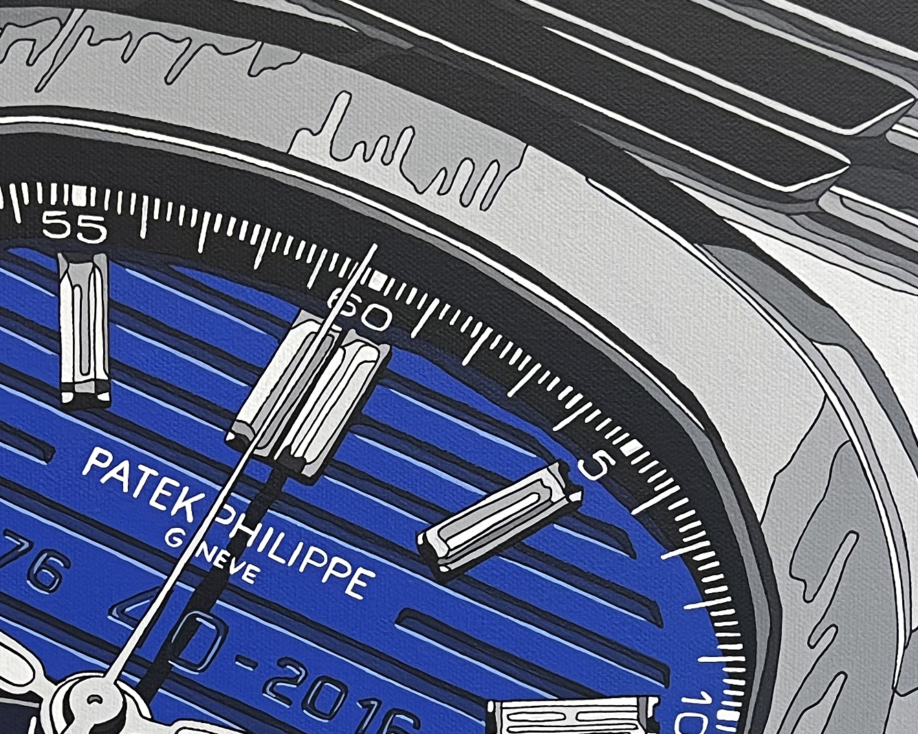 Close-up of a Patek Philippe watch with blue face and silver accents.