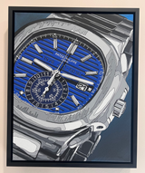 Framed artwork of a Patek Philippe watch with a blue face