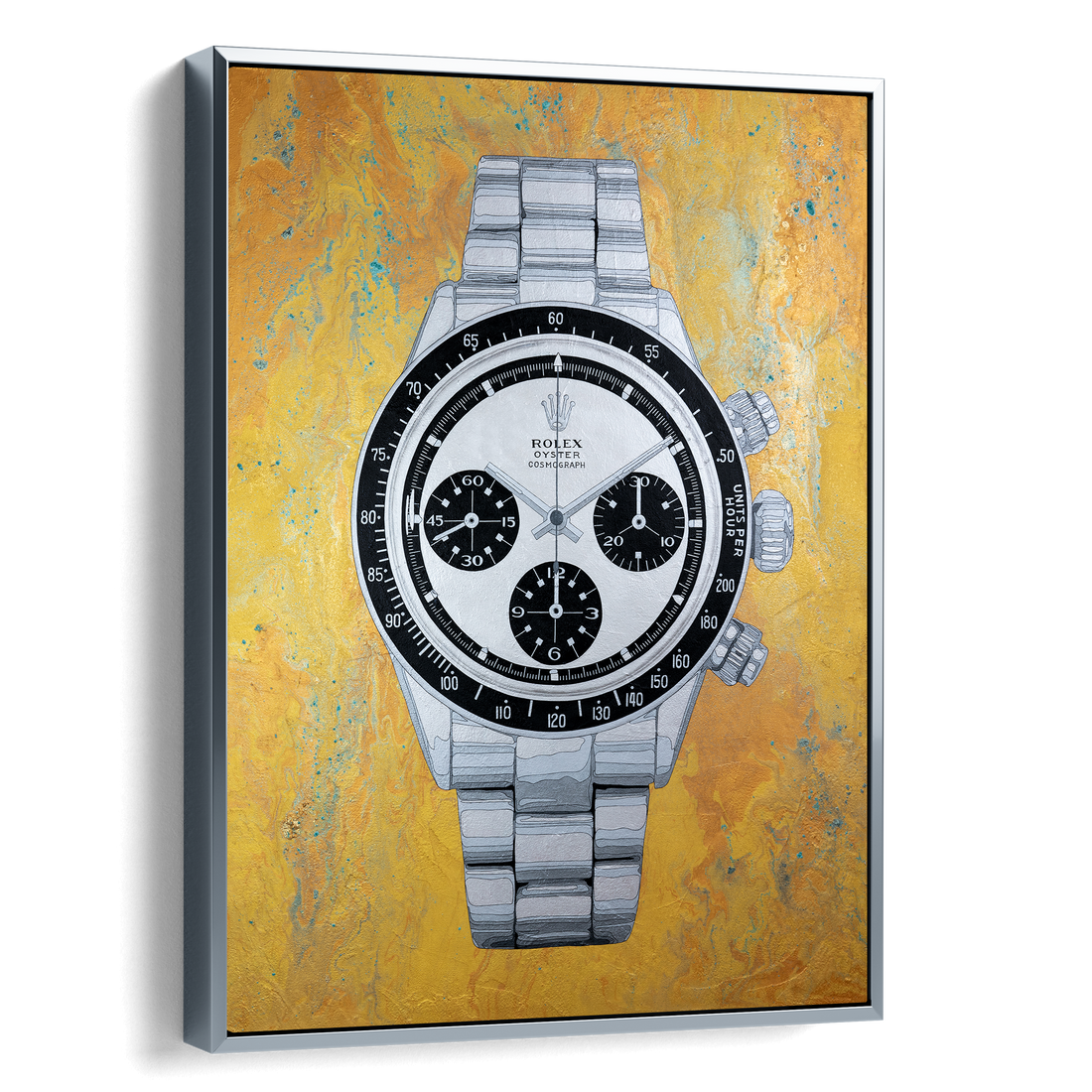 Canvas print of a silver watch with a black face on a textured yellow background