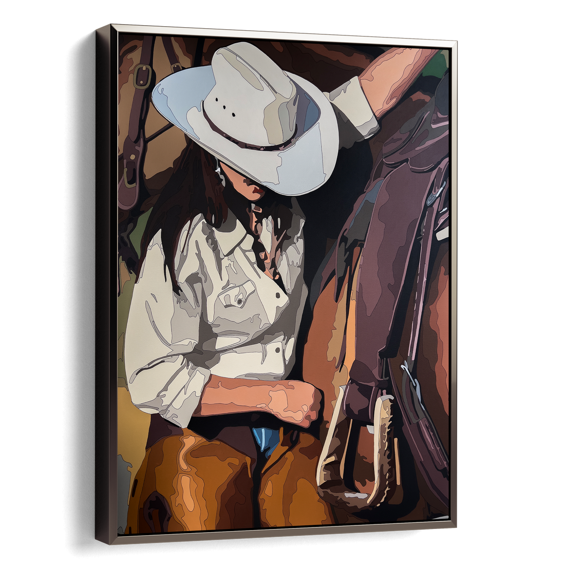 Painting of a person in cowboy attire getting on a horse.