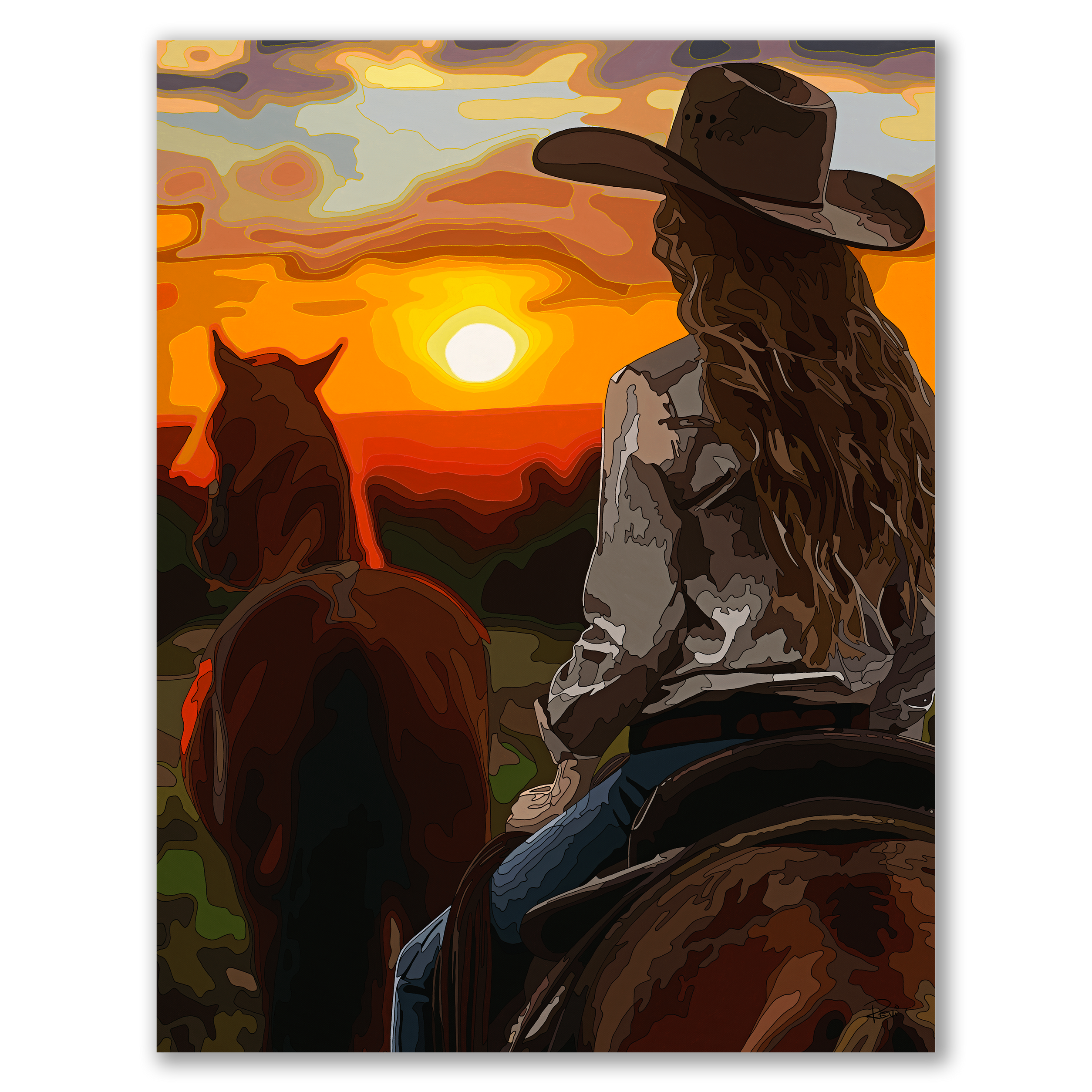 Woman in a cowboy hat sitting on a horse with a sunset in the background