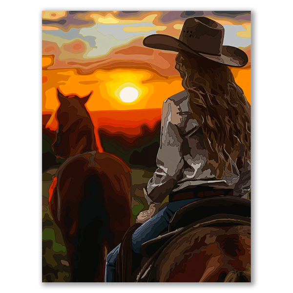 Woman in a cowboy hat sitting on a horse with a sunset in the background
