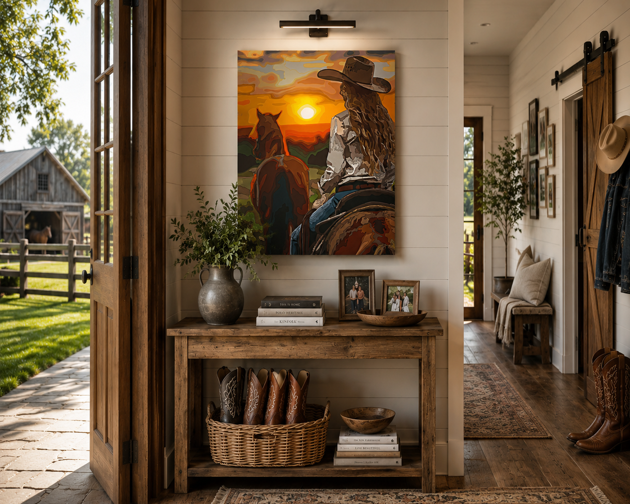 Nostalgic interior with a painting of a woman on horseback, wooden furniture, and rustic decor.