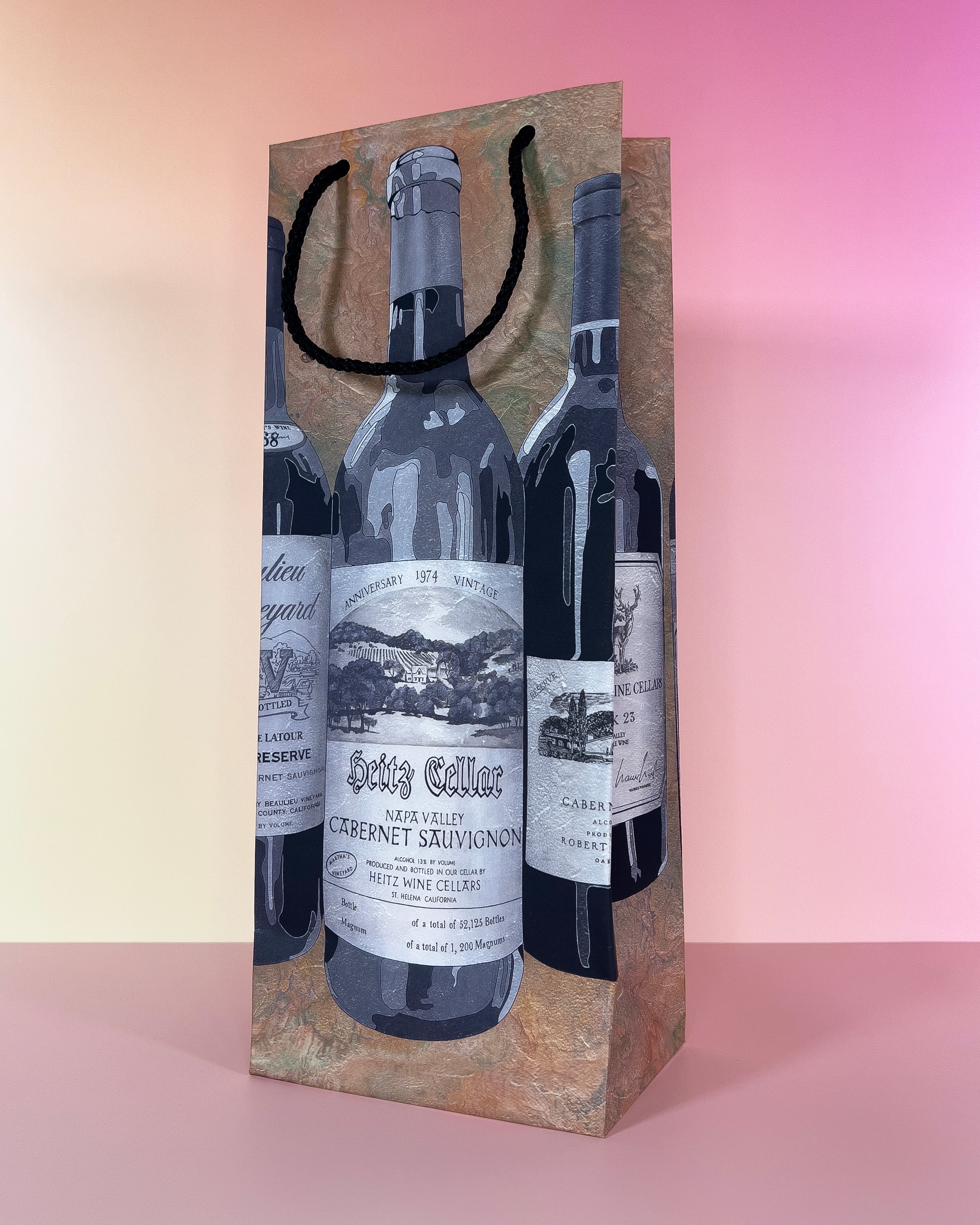Wine bottle gift bag with a design of wine bottles on a gradient background