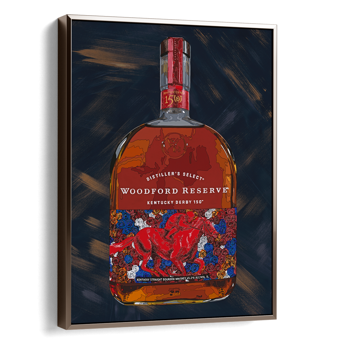 Woodford Reserve bourbon bottle with a colorful label on a dark background