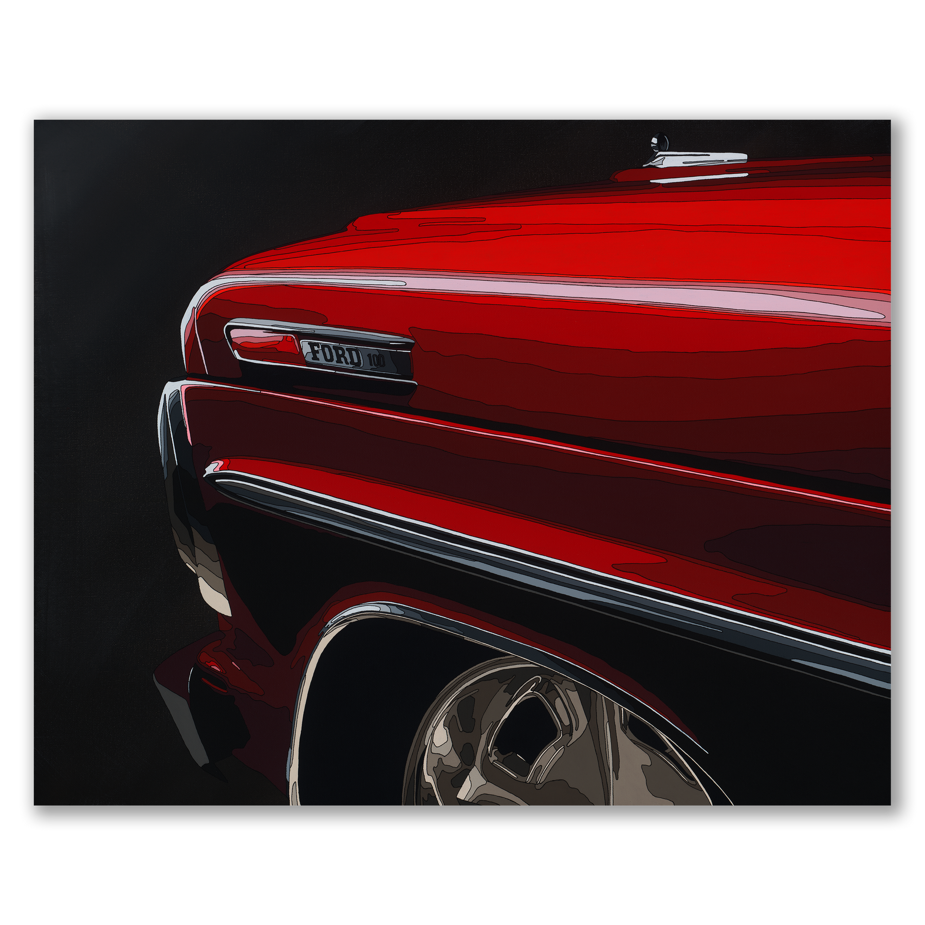Close-up of a red car's front side with 'Ford' logo on a black background