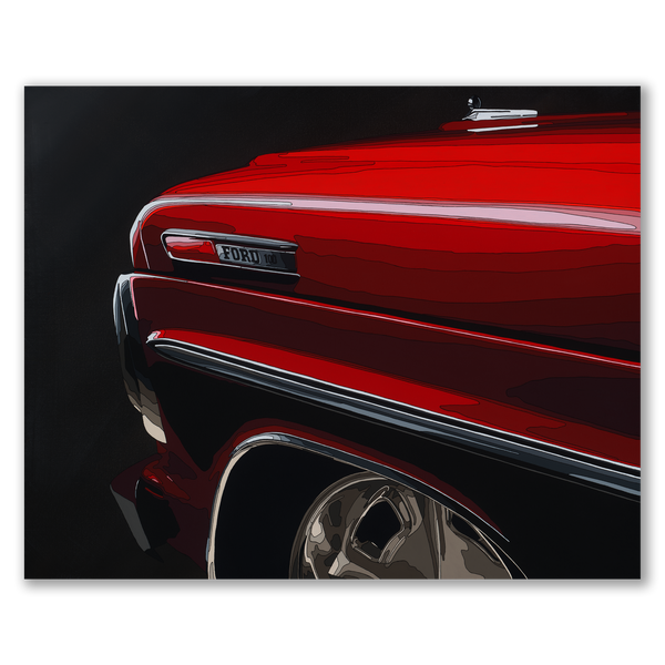 Close-up of a red car's front side with 'Ford' logo on a black background