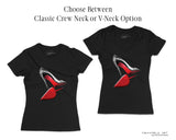 Two black t-shirts with red high-heeled shoes graphic, one classic crew neck and one V-neck, on a white background.