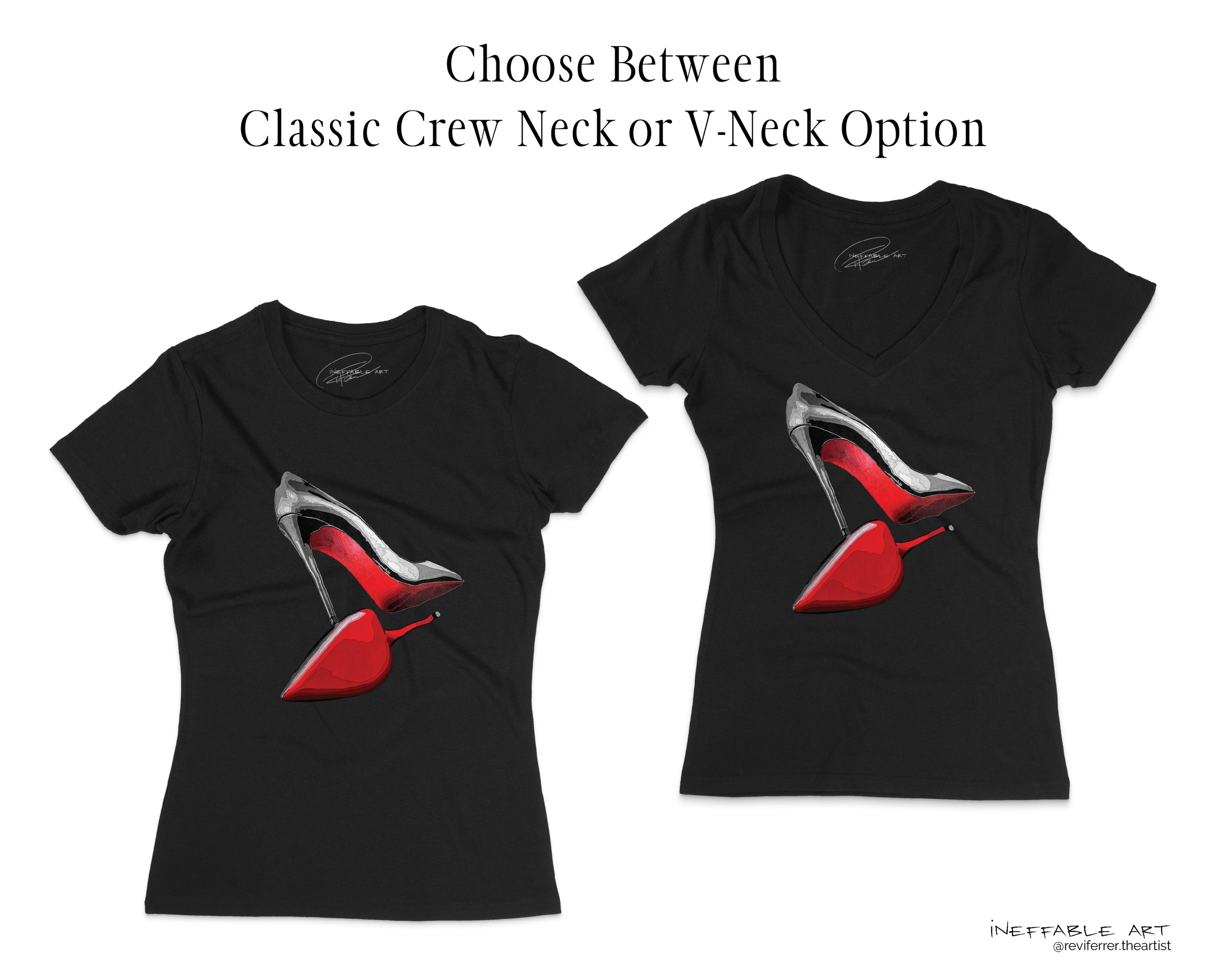Two black t-shirts with red high-heeled shoes graphic, one classic crew neck and one V-neck, on a white background.